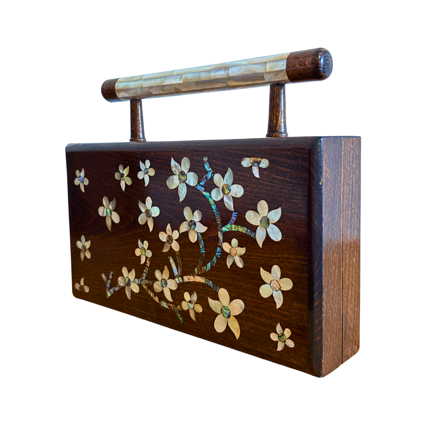 De Jasmijn van Damascus – Handgemaakte Clutch van Notenhout met Parelmoer en Brokaatvoering