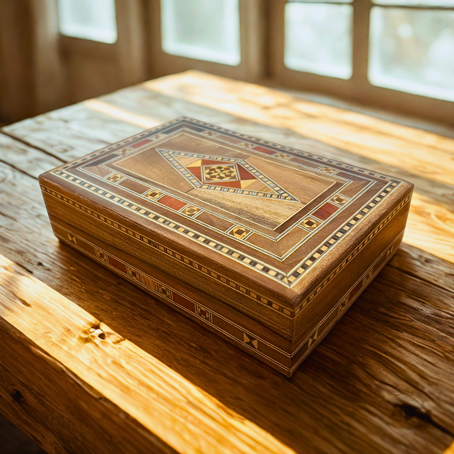 Elegante portagioie damasceno rettangolare – Realizzato a mano in legno di faggio, eucalipto e limone
