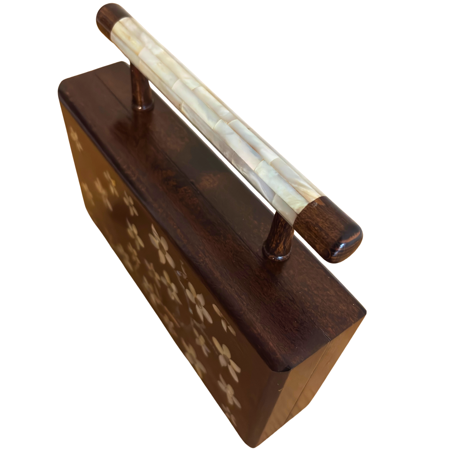 De Jasmijn van Damascus – Handgemaakte Clutch van Notenhout met Parelmoer en Brokaatvoering