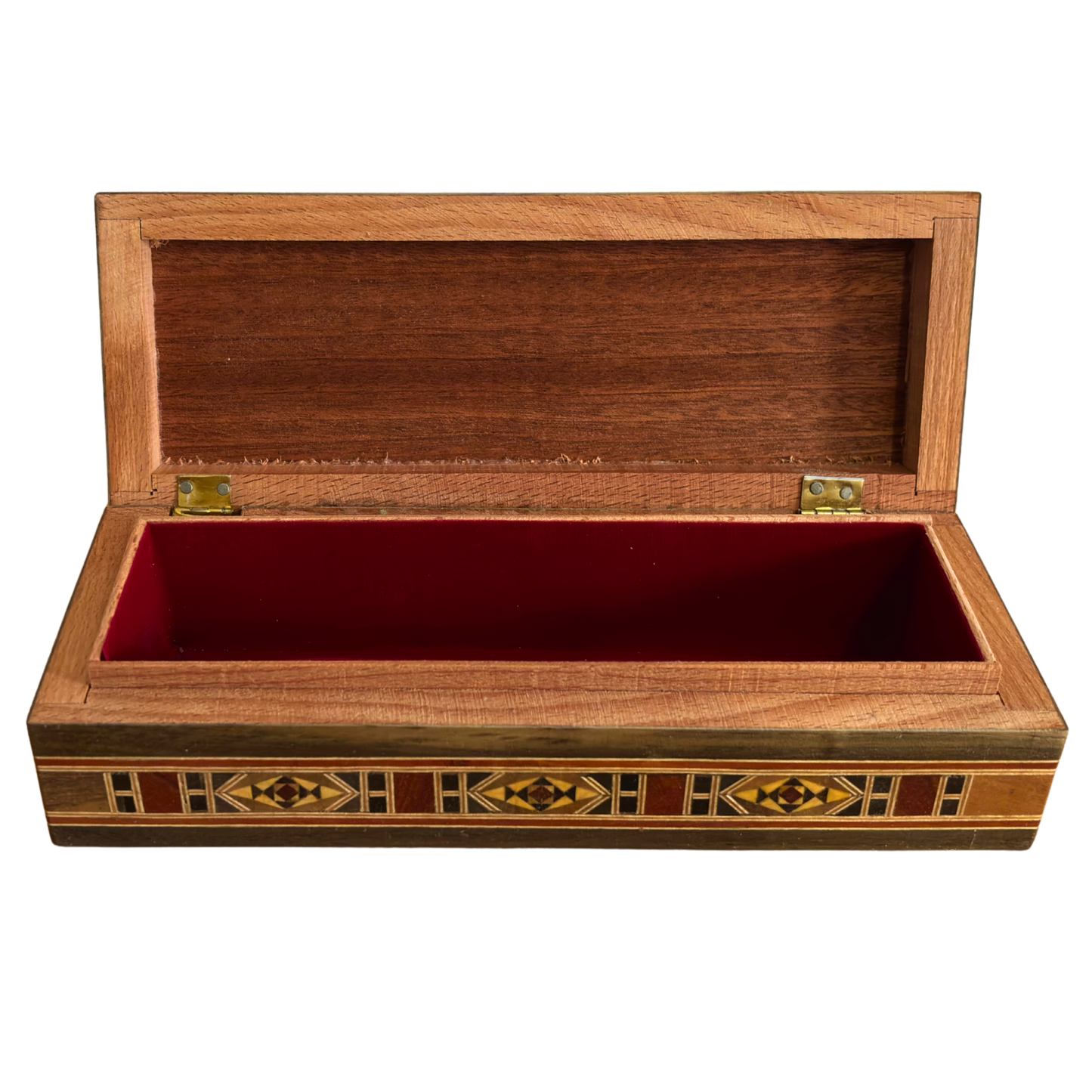 Langwerpige handgemaakte Damascene mozaïekdoos voor pennen en sieraden, parelmoer ingelegd, Syrisch oosters vakmanschap