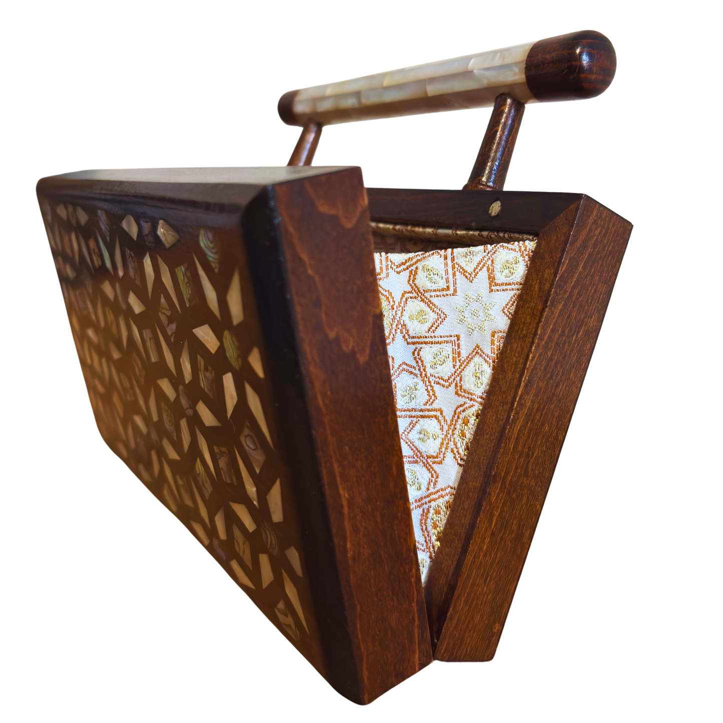 O Jardim dos Segredos – Bolsa Damasquina de Nogueira com Madrepérola Geométrica e Botânica
