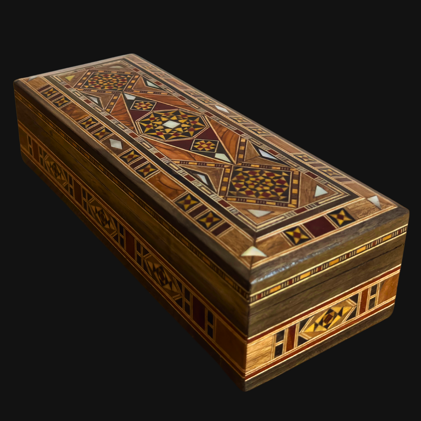 Langwerpige handgemaakte Damascene mozaïekdoos voor pennen en sieraden, parelmoer ingelegd, Syrisch oosters vakmanschap