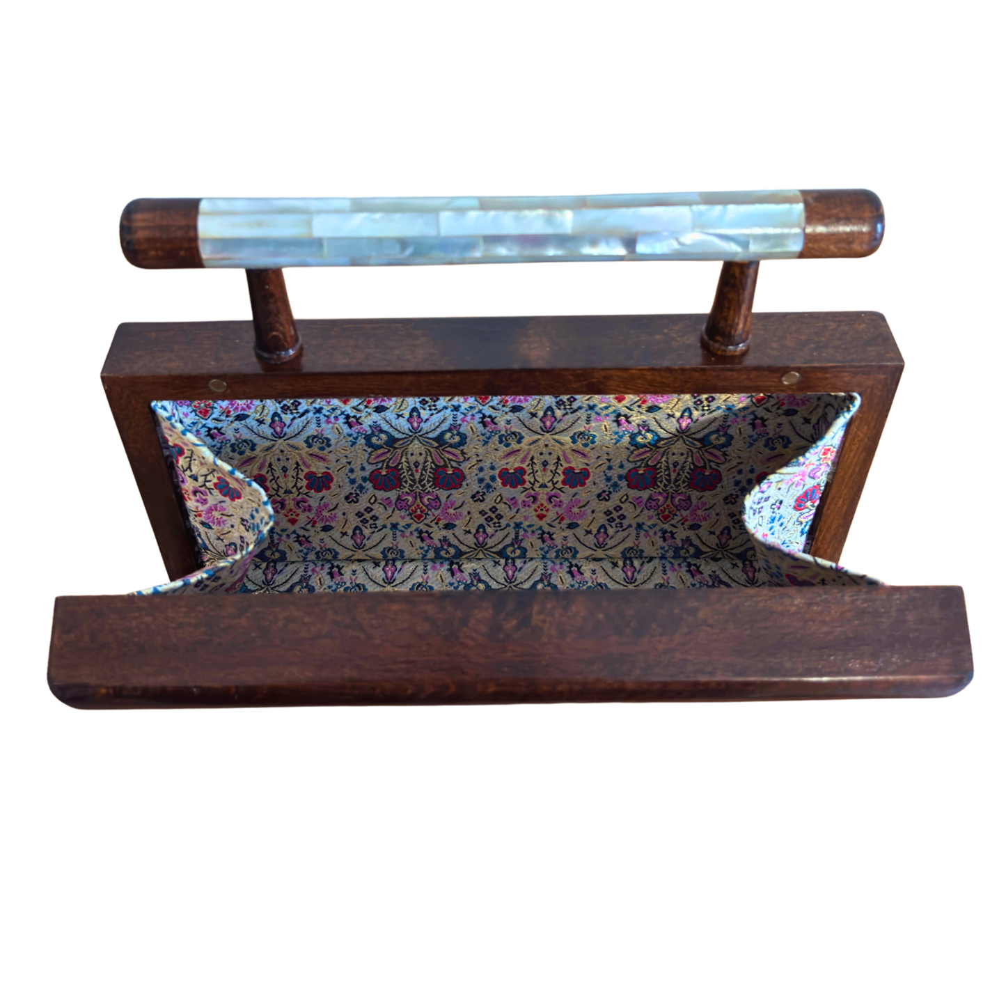 De Jasmijn van Damascus – Handgemaakte Clutch van Notenhout met Parelmoer en Brokaatvoering