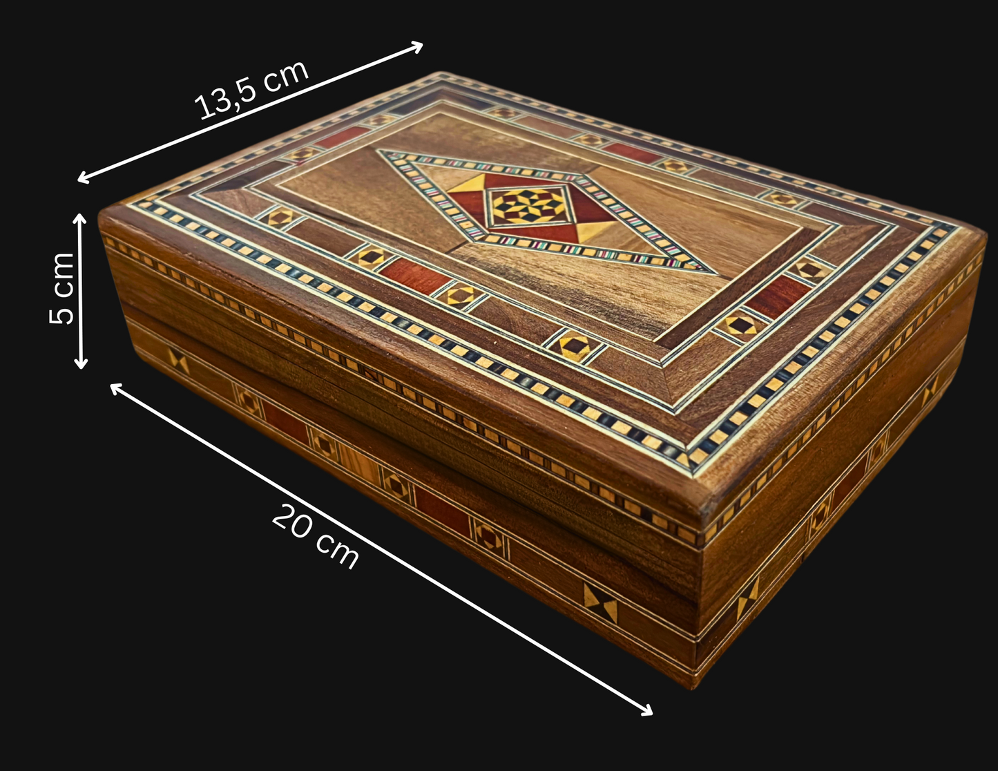 Elegante portagioie damasceno rettangolare – Realizzato a mano in legno di faggio, eucalipto e limone