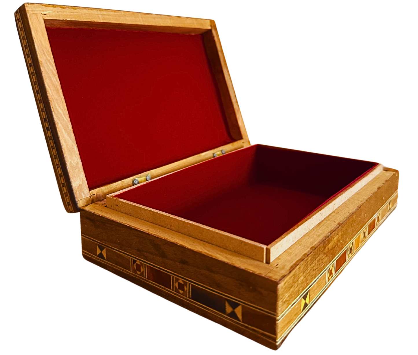 Elegante portagioie damasceno rettangolare – Realizzato a mano in legno di faggio, eucalipto e limone