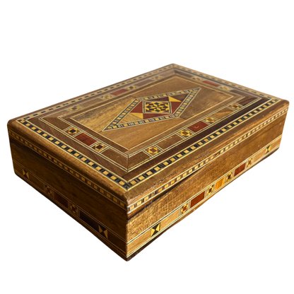 Elegante portagioie damasceno rettangolare – Realizzato a mano in legno di faggio, eucalipto e limone