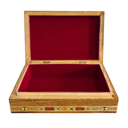 Elegante portagioie damasceno rettangolare – Realizzato a mano in legno di faggio, eucalipto e limone