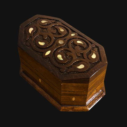 Hand-Carved Beechwood Box with Mother of Pearl Inlay – Walnut Finish Elegance