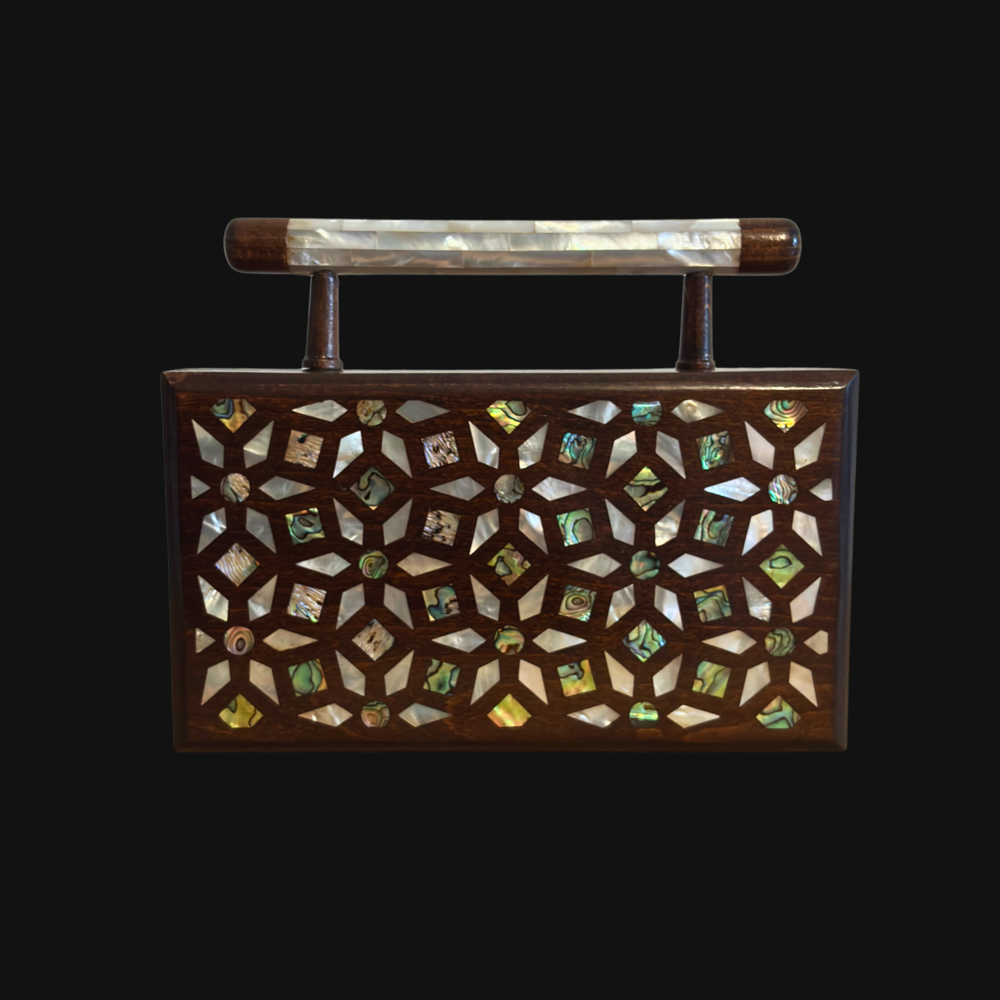 Zenobia – Luxury Damascene Walnut Clutch with Geometric & Botanical Mother of Pearl Inlay