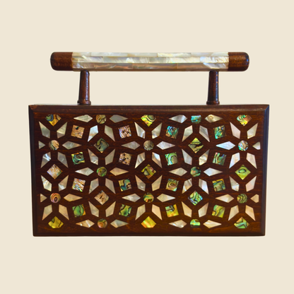 Zenobia – Luxury Damascene Walnut Clutch with Geometric & Botanical Mother of Pearl Inlay