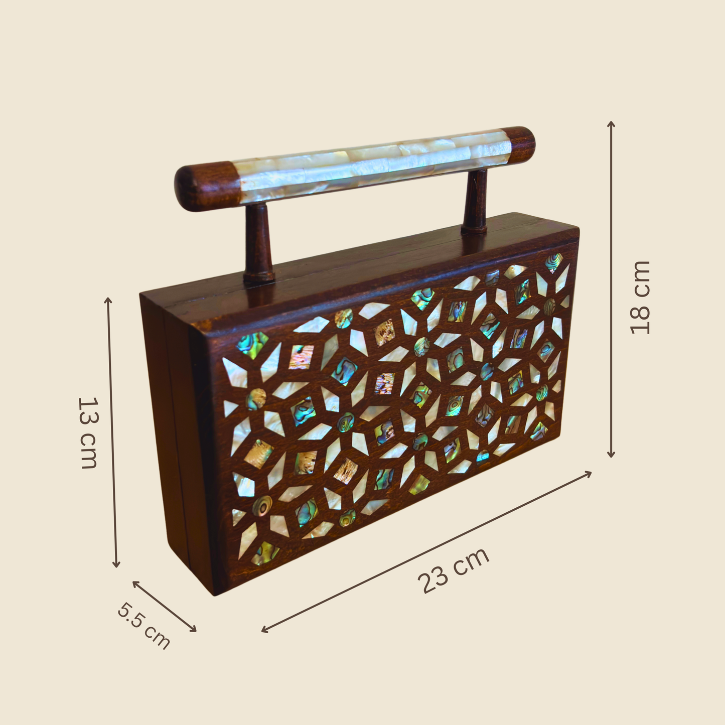 Zenobia – Luxury Damascene Walnut Clutch with Geometric & Botanical Mother of Pearl Inlay