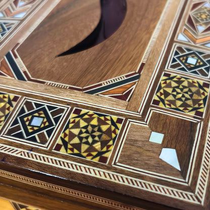 Elegante Damast Mozaïek Houten Tissue Box – Parelmoer Inleg & Fluwelen Binnenkant