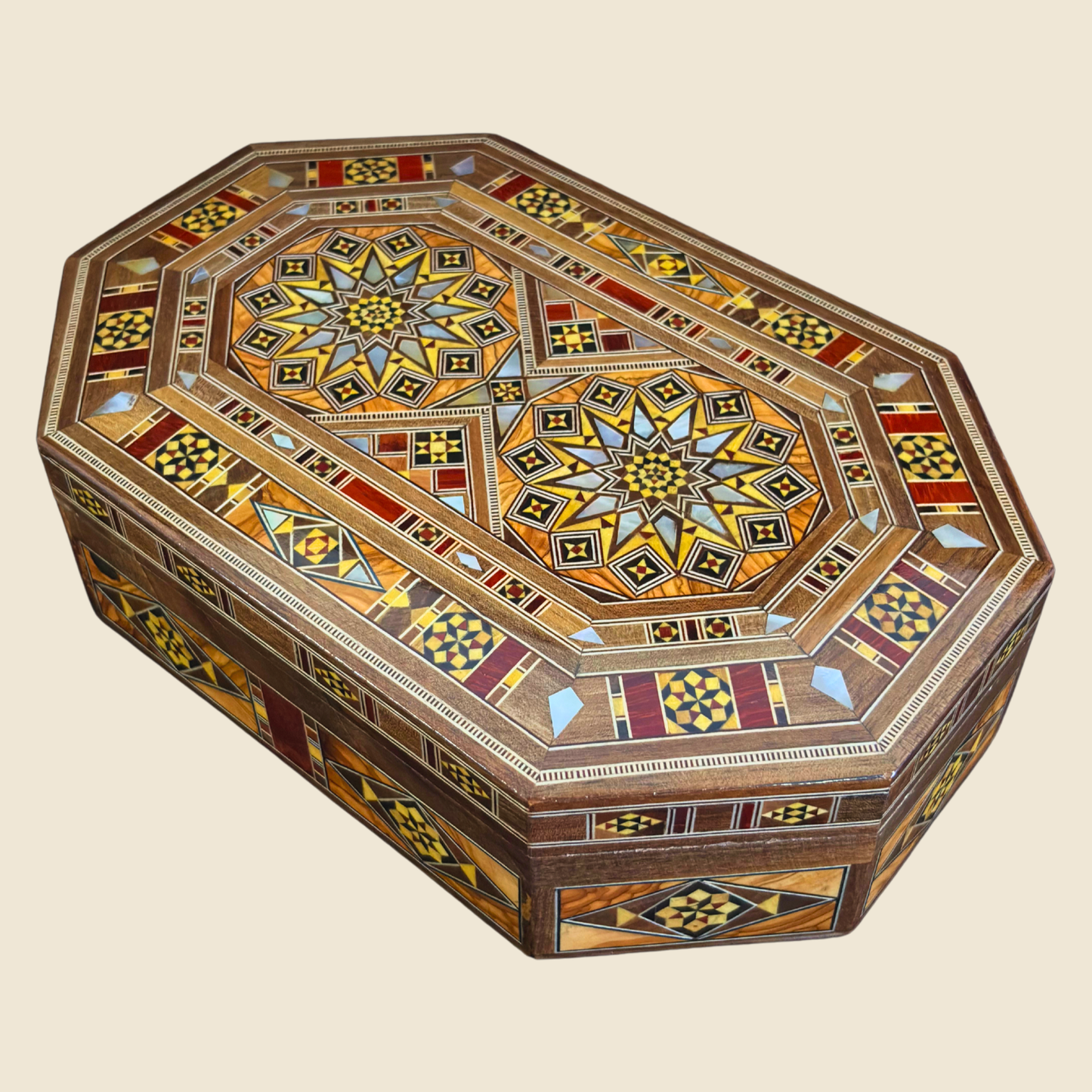 El Yapımı Şam Mozaik Kutu – Sedef ve Kadife Zarafeti