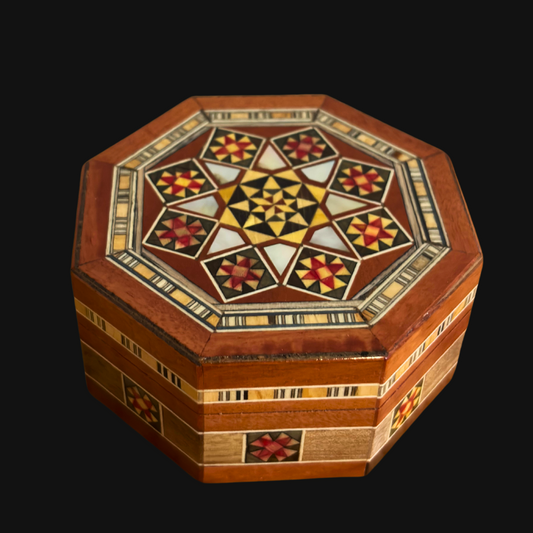 Scatola ottagonale damascata per gioielli – Legno artigianale con intarsi in madreperla in caldo terracotta rustico