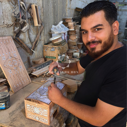 Damast Mozaïek Houten Dienblad – Parelmoer Inleg & Natuurlijke Houttinten