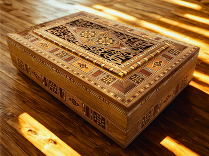 Elegante cofanetto grande a mosaico – Scrigno in legno fatto a mano per gioielli e ricordi, con rivestimento in velluto