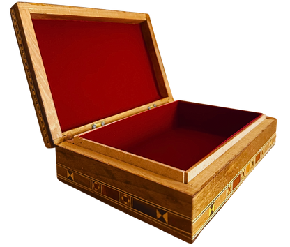 Elegante portagioie damasceno rettangolare – Realizzato a mano in legno di faggio, eucalipto e limone